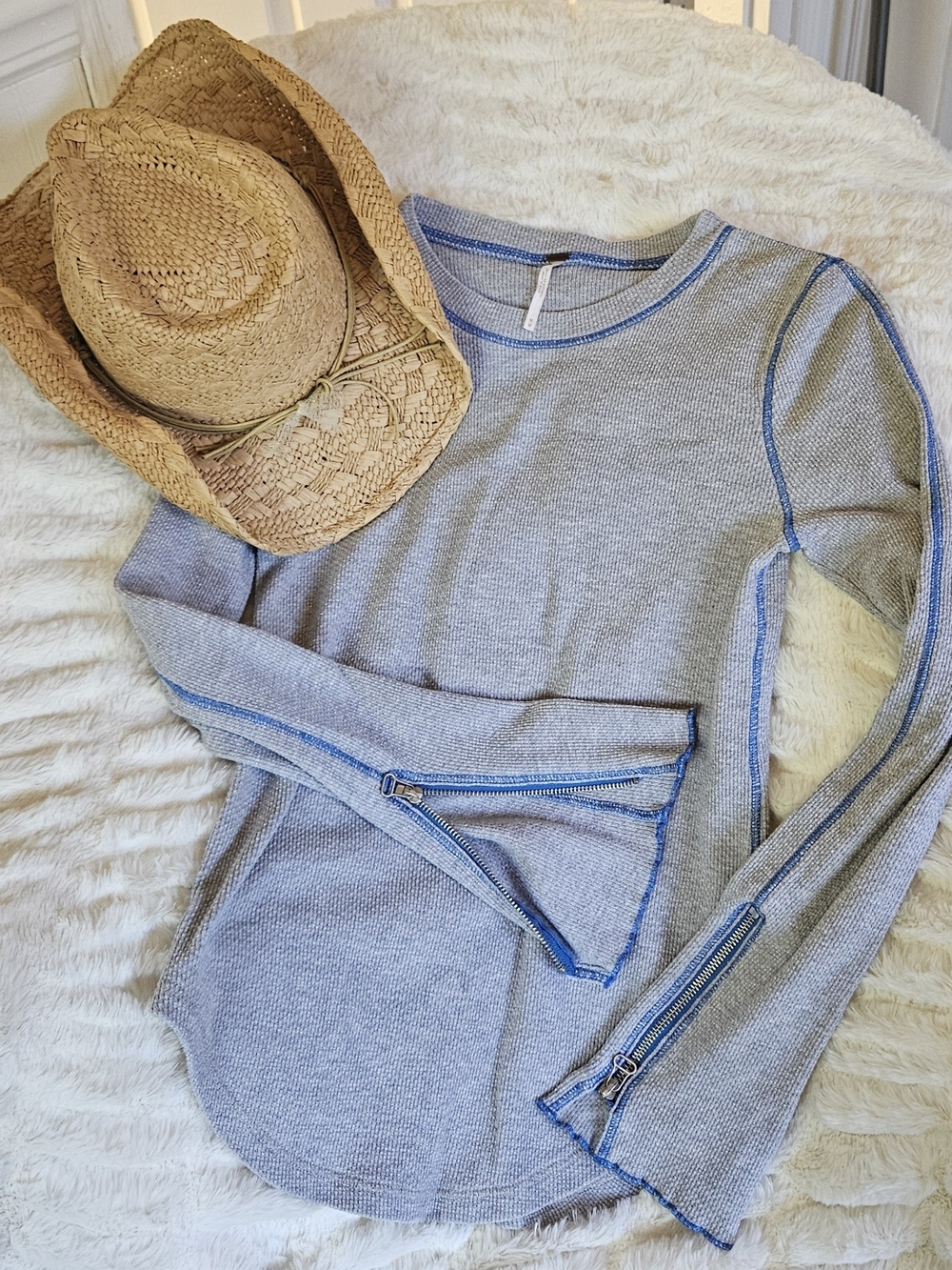 Free People Light Gray Crewneck Sweater with Blue Stitching